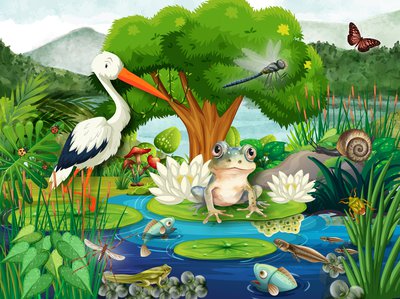 Pond scene with water animals