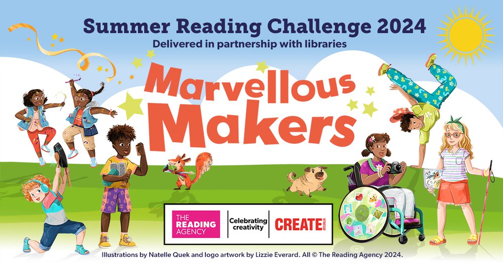 Summer Reading Challenge 2024 logo for Marvellous Makers on a background of grass and sky.  7 illustrated characters surround the wording.