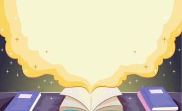 Cartoon illustration of an opened book on a table with a cloud of yellow smoke in the background