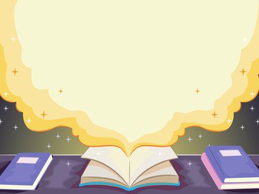 Cartoon illustration of an opened book on a table with a cloud of yellow smoke in the background