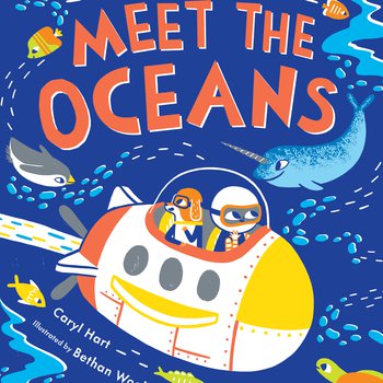 Meet the Oceans book cover - 2 characters travelling under water in a white, yellow and red submarine