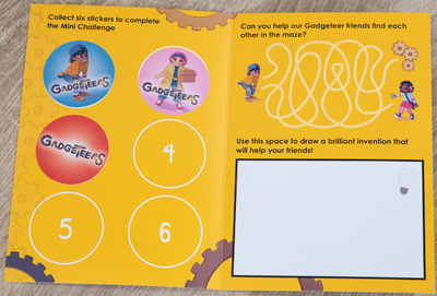 A bright yellow collector card open partially filled with 3 round Gadgeteers stickers, and three numbered empty circles of the left side.  On the right a maze puzzle and space for colouring.