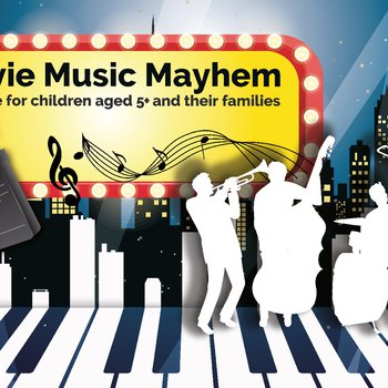 Cartoon image of a piano, popcorn and film board.