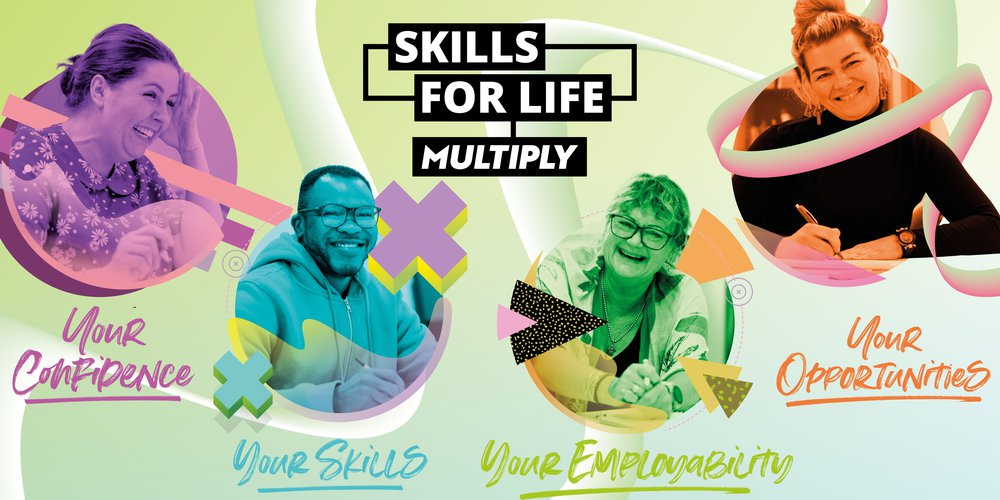 Learners smiling - Multiply logo - Inspire Adult Learning Logo - Skills for life logo -Text below the images says: Your confidence, your skills, your employability and your confidence.