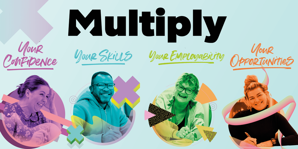 woman at desk smiling - Multiply logo - Inspire Adult Learning Logo - Skills for life logo