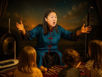 A woman sits near instruments and raises her arms