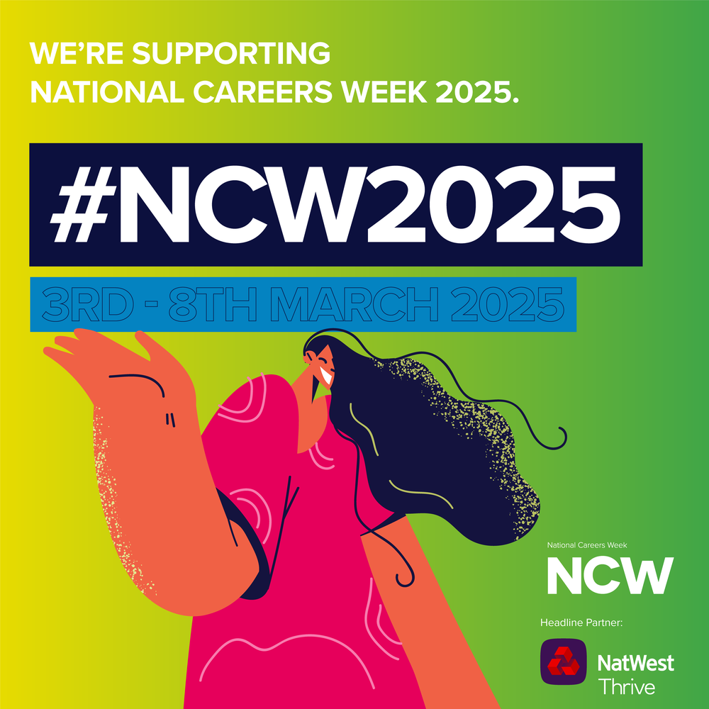 A cartoon graphic of a woman celebrating. Text states that this organisation is supporting National Careers Week 2025.
