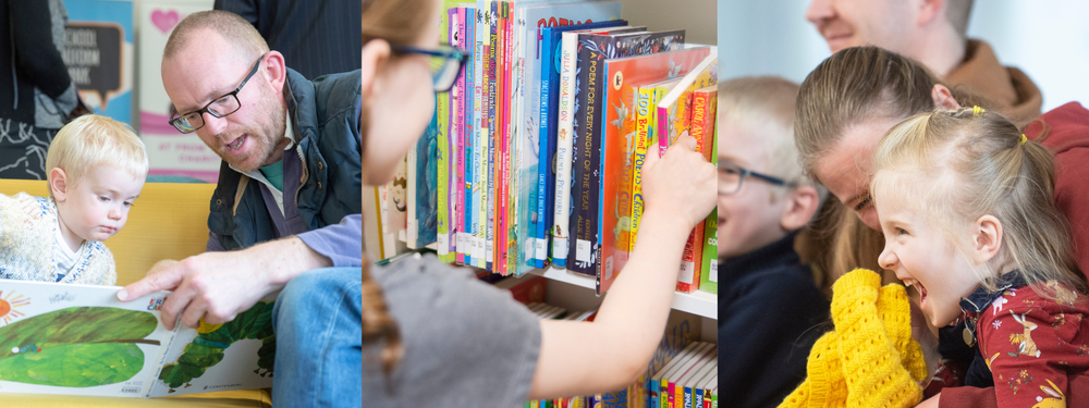 A parent reads to a child, a child picks up a book from the shelf, a child laughs watching a show