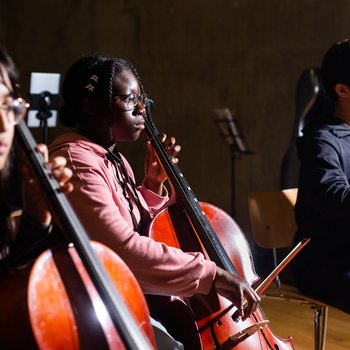 Three young musicians playing bowed string instruments