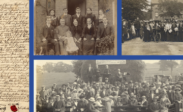 A mixture of old black and white photographs with crowds of people