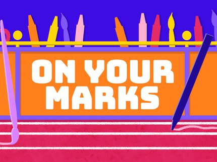 The On Your Marks logo - colourful silhouettes of art equipment behind the barrier beside a running track, with the text 'On Your Marks'