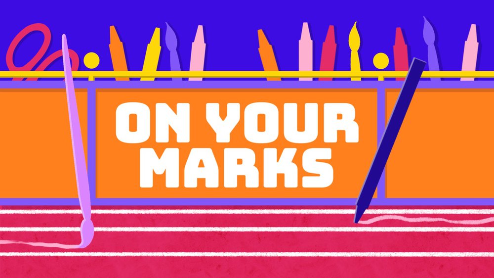 The On Your Marks logo - colourful silhouettes of art equipment behind the barrier beside a running track, with the text 'On Your Marks'