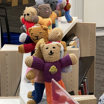 A group of hand knitted bears standing together on the top of a library bookshelf