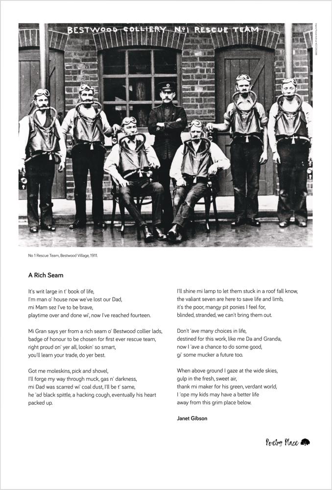 Exhibition panel featuring the poem A Rich Seam and an archive photograph