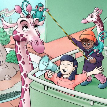 Digital illustration of a zoo scene with children playing with giraffes and monkeys