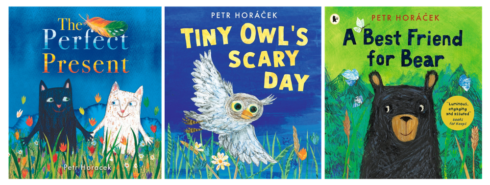 Three covers for Petr Horacek books - The Perfect Present (a black cat and a white cat holding hands), Tiny Owl's Scary Day (a little white owl on a blue background) and A Best Friend for Bear  (A black bear on a green background)