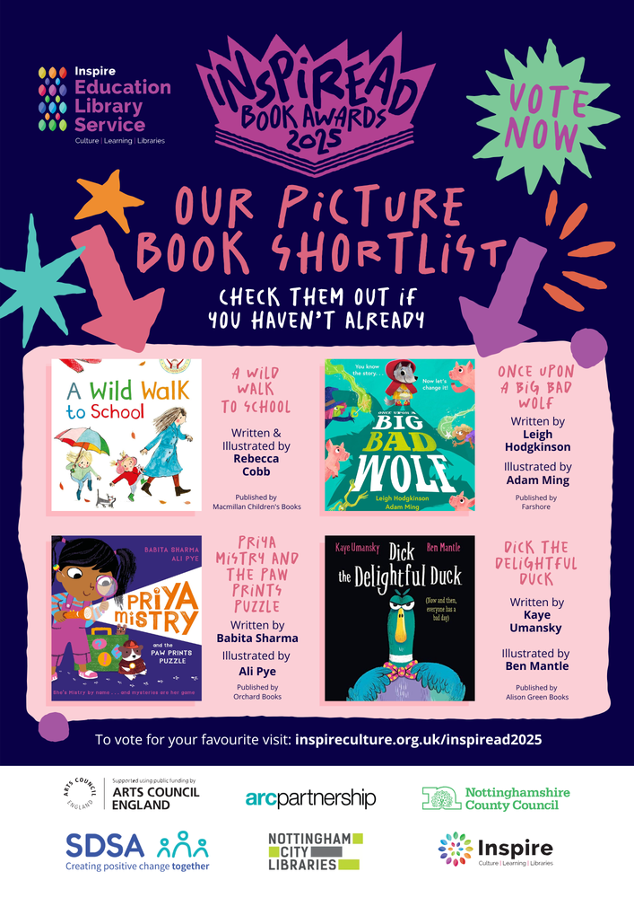 A poster showing the Picture books shortlisted titles for InspiREAD 2025