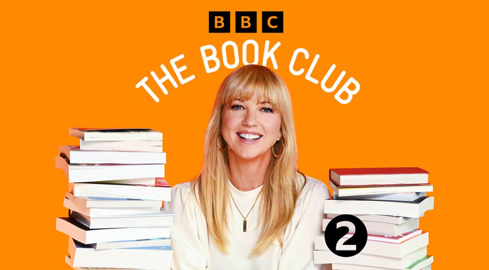 An orange background with stacks of books, and presenter Sara Cox centre.