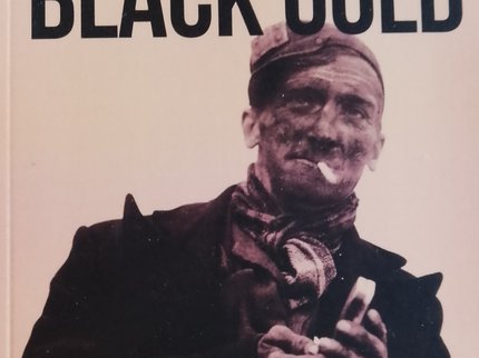 Front cover of Red Blood for Black Gold book showing cover of miner