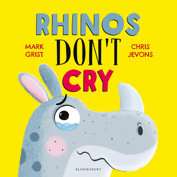 Book cover of Rhinos Don't Cry. It has a yellow background with an illustration of a rhinos head holding back tears.