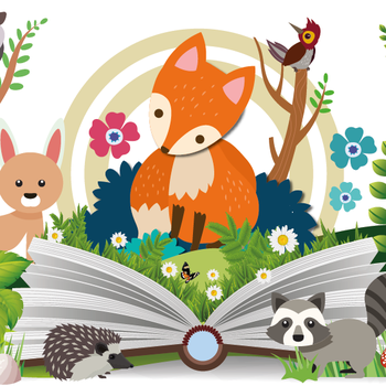 Illustrated woodland creatures including fox, badger, rabbit and owl above opened book.