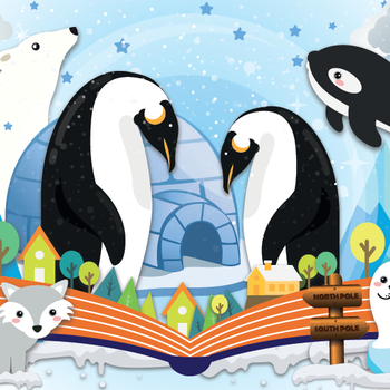 Illustrated polar scene of two penguins, seal, polar bear above opened book.