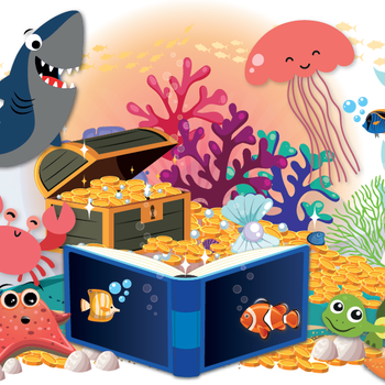 Illustrated under the sea scene featuring treasure chest, jellyfish, shark crab and starfish