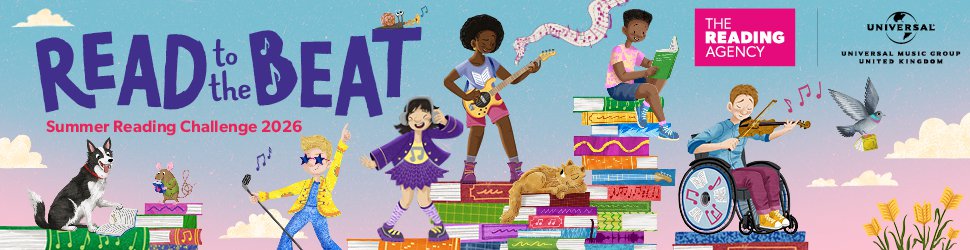 Read to the Beat characters playing instruments standing upon piles of books