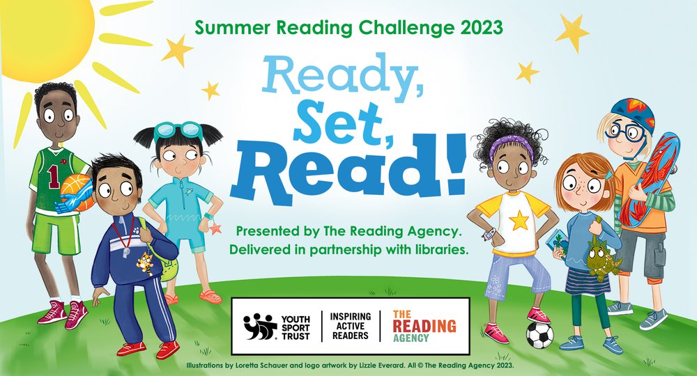An illustration of three boys and three girls holding different sporting equipment, standing on a green hill under a blue, sunny sky. The text reads Summer Reading Challenge 2023, Ready Set, Read! Presented by the Reading Agency, delivered in partnership with libraries.