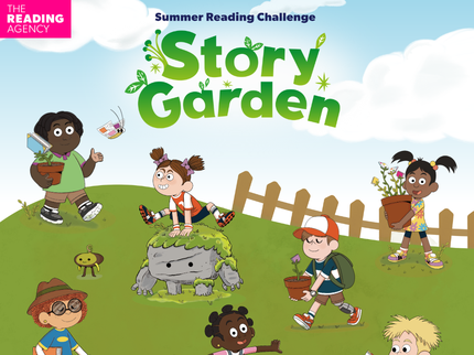 Story Garden illustrated characters holding books, plants and watering can with Story Garden logo above.