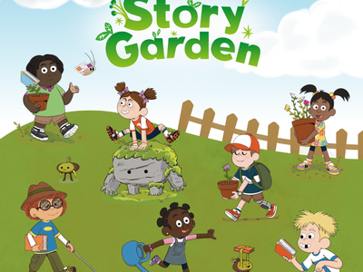 Story garden illustration with children playing in a field