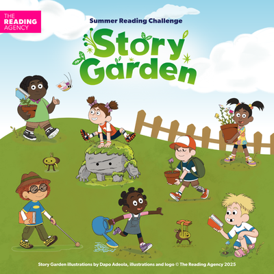 Story Garden illustrated characters holding books, plants and watering can with Story Garden logo above.