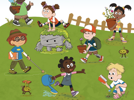Illustrated characters carrying book, plants and watering can with Story Garden logo