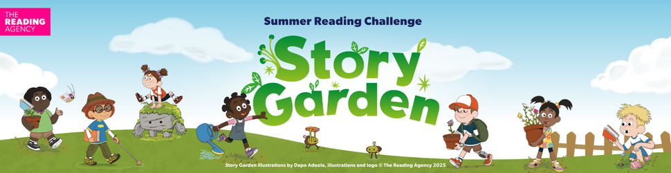 Story Garden illustrated characters holding books, plants and watering can with Story Garden logo above.