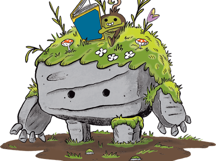 Illustrated rock with eyes, arms and legs. With grass on its head where a seed pod sits reading.
