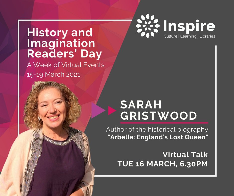 Photograph of author Sarah Gristwood with text giving details of the event.