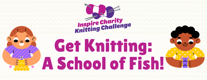 Banner image showing the text 'Get Knitting: A School of Fish' and two cartoon children, knitting.
