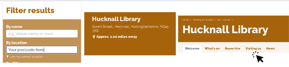 Image showing the journey of searching for your local library. First, enter your postcode in the search box. Second, select the library you would like to visit. Third, select "visiting us" to see opening times and more.