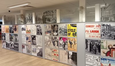 Image of Nottinghamshire Archives searchroom lockers with pictures of historical documents.