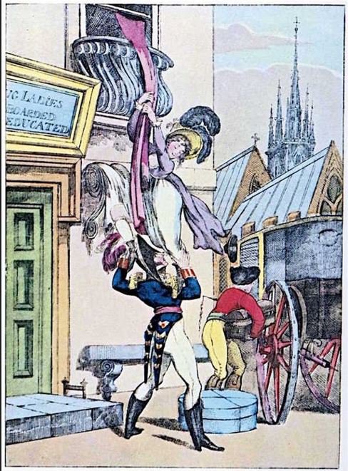 Early cartoon image of lady escaping from a window assisted by a naval officer