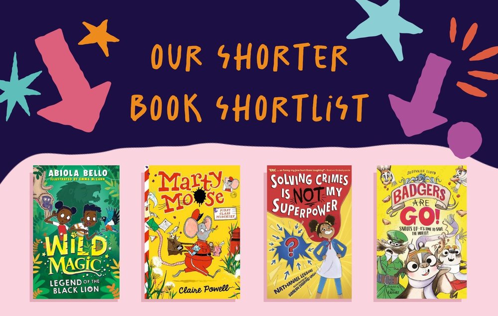 A graphic showing the front covers of our four shortlisted books in the InspiREAD 2026 Shorter Book category.