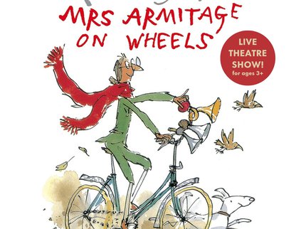Quentin Blake illustration of Mrs Armitage riding her bicycle