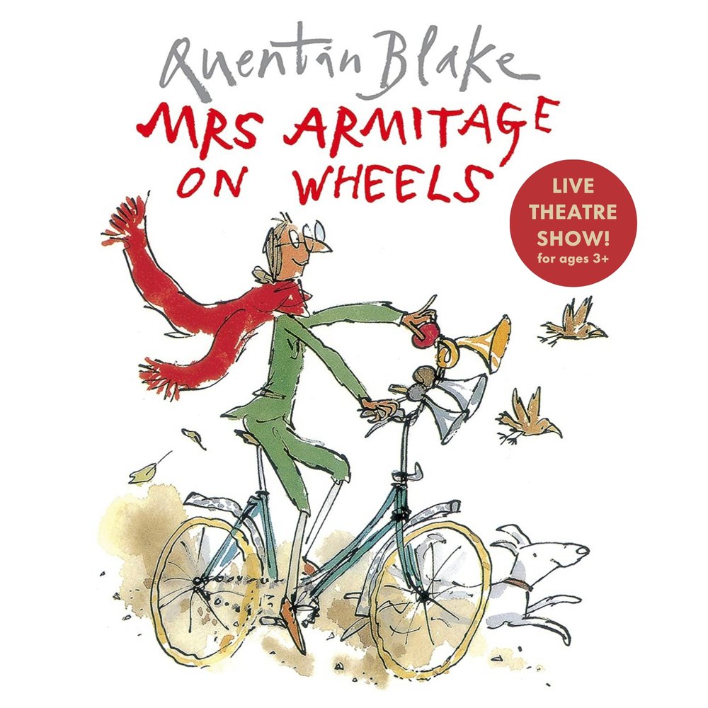 Title image showing an illustration by Quentin Blake of Mrs Armitage on her bicycle