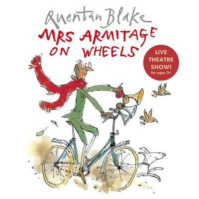 Quentin Blake illustration of Mrs Armitage riding her bicycle