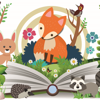 Fantastical Forests illustrated graphic featuring woodland creatures; fox, rabbit, badger and and owl surrounding an opened book.