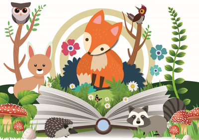 Graphic drawing of an open book in a landscape scene. The open book is covered in grass and a fox and a rabbit.