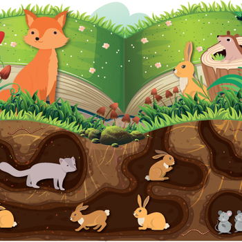 Illustrated countryside with fox and rabbit above ground and showing tunnels undergound.