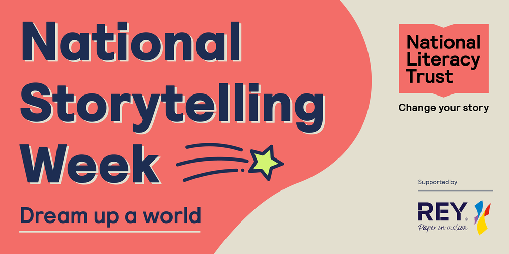 A banner for National Storytelling Week with cream and peach background