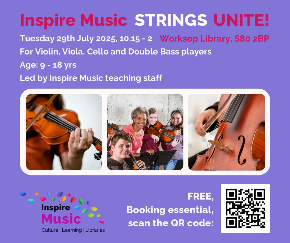 Colourful event advert for Inspire Music strings unite day at Worksop Library