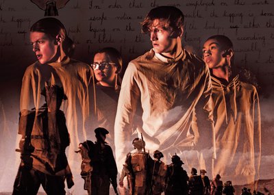 A sepia image. The background is a photograph of a line of First World War soldiers, seen from the back, blending into a sheet of paper with handwritten text. The background is overlaid with an image of four performers from Inspire Youth Arts.